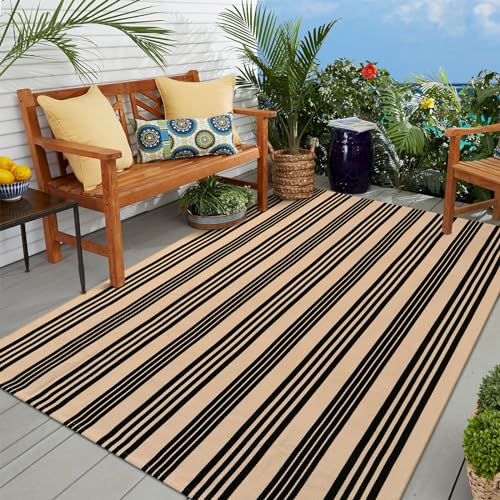 OJIA Outdoor Patio Rug 5'x7', Black and Tan Striped Outdoor Rugs Machine Washable Area Rugs Cotton Hand Woven Indoor Outdoor Rugs for Bedroom/Living Room/Front Porch/Deck/Backyard/Camping