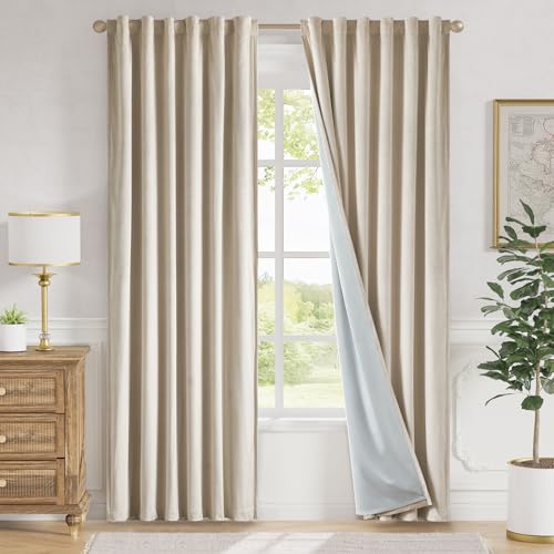 Lazzzy Beige Velvet Blackout Curtains 90 Inches Long Thermal Insulated Room Darkening Lined Curtain Drapes Luxury Back Tab Window Treatments for Bedroom Living Room 2 Panels, 52 x 90 Inch, Cream