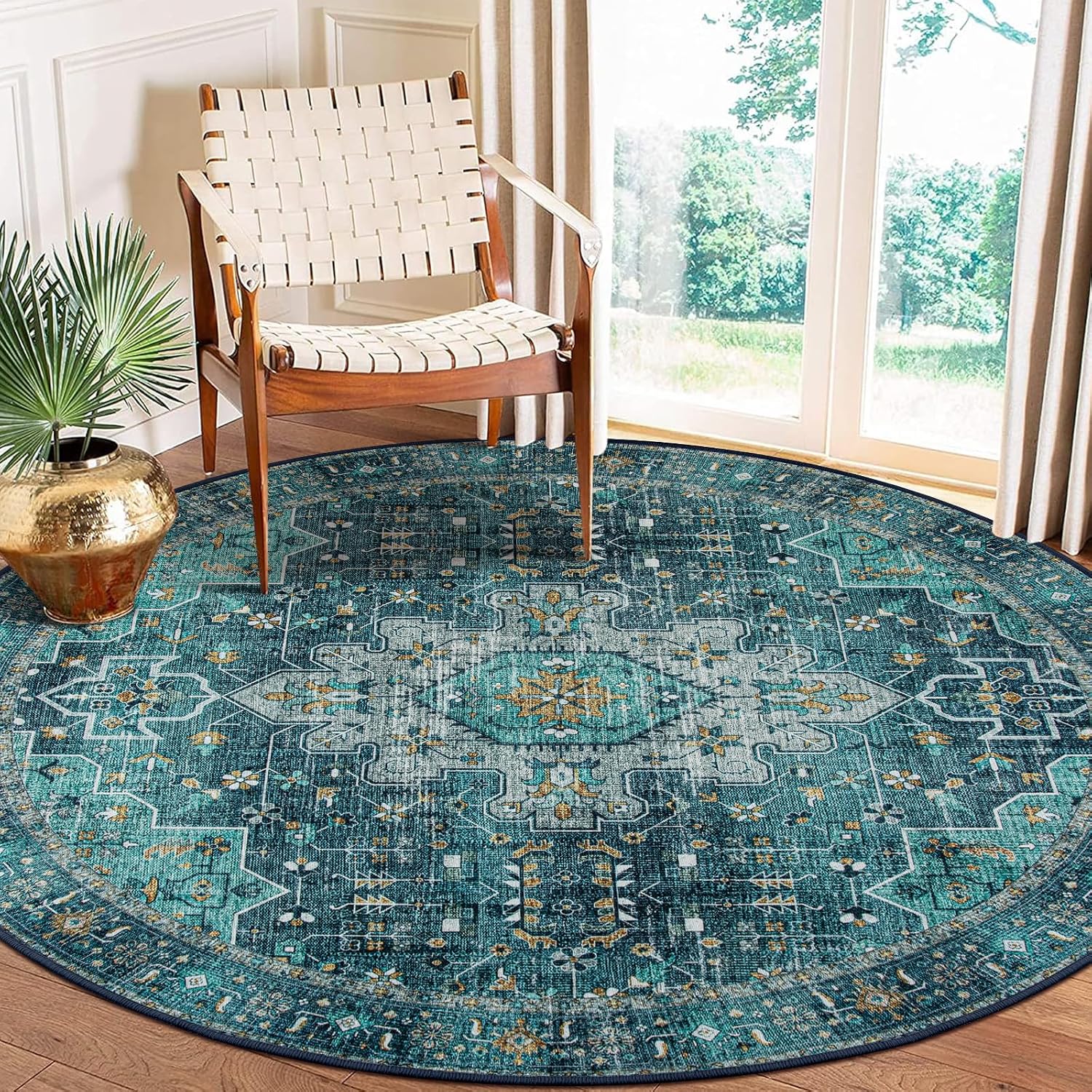 Moynesa Ultra-Thin Washable Round Rug (6ft Teal)