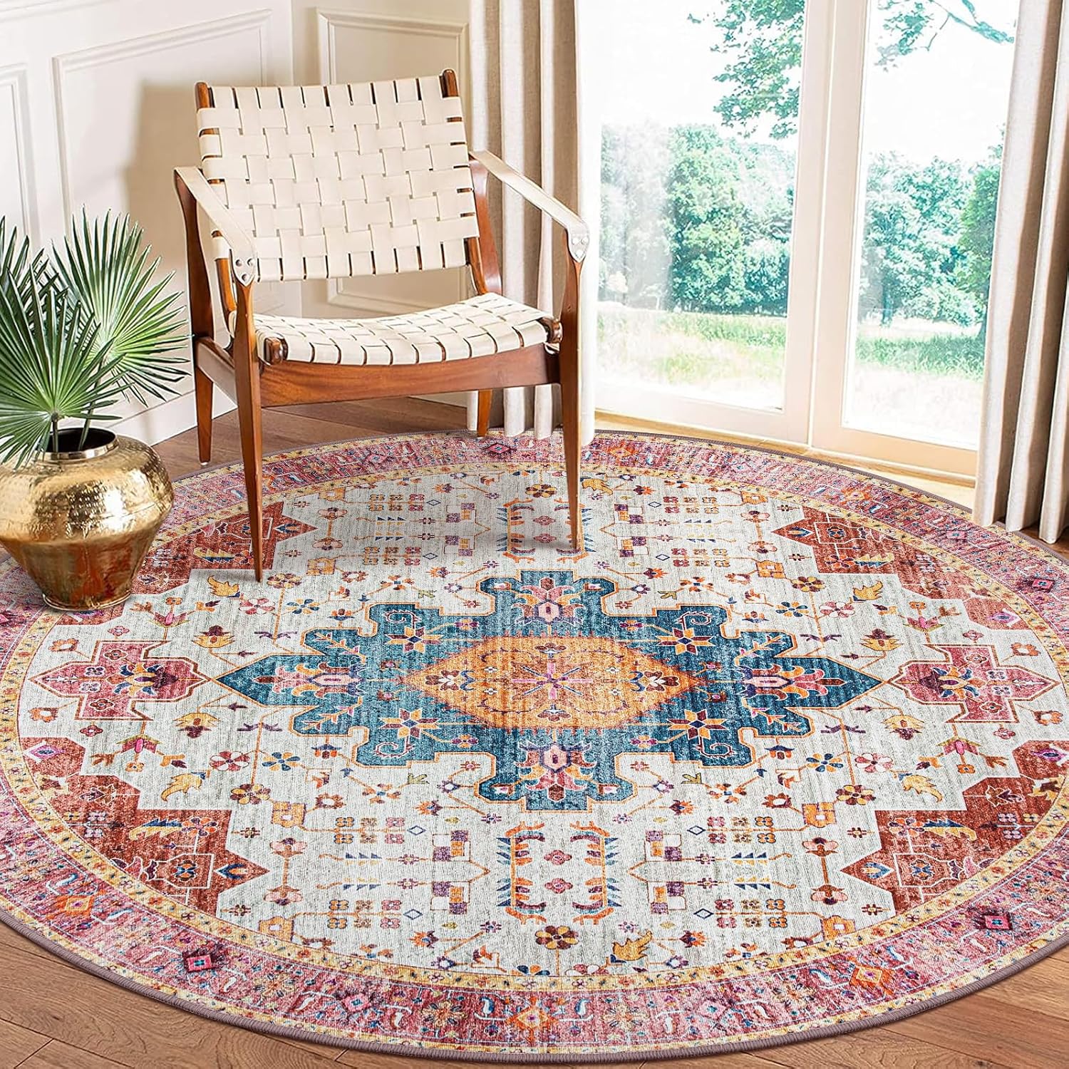 Moynesa Ultra-Thin Washable Round Rug - 6ft Pink Large Living Room Circle Area Rugs, Vintage Dining Room Mat Stain Resistant Nursery Carpet for Bedroom Mudroom Kitchen Apartment Home Office