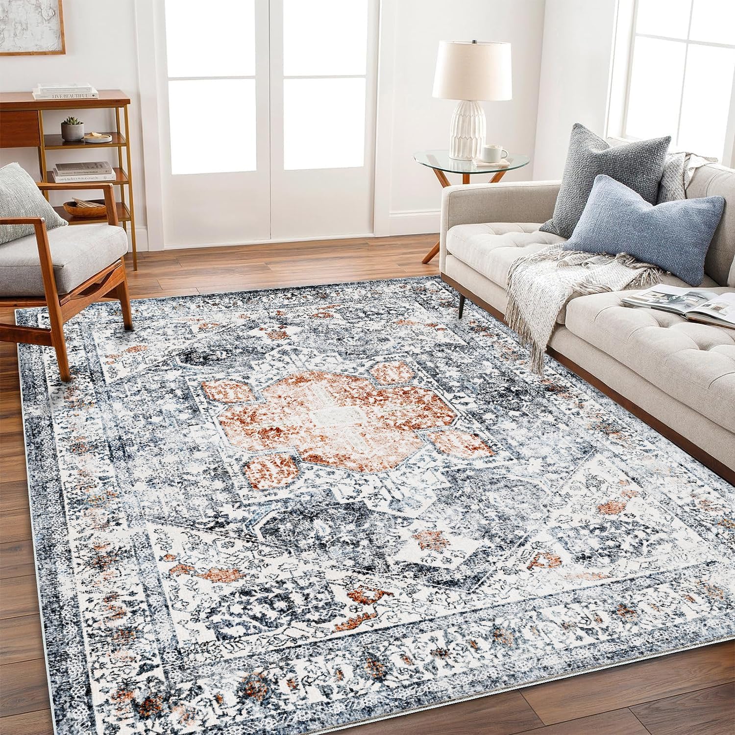Area Rug 6x9 Washable Rug Gray Vintage Traditional Floor Cover Thin Retro Kitchen Indoor Distressed Non Slip Carpet Floral Print Mat Living Room Bedroom Dining Room
