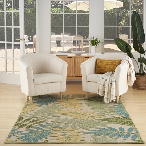 Nourison Aloha Floral Indoor/Outdoor Green Multicolor 5'3" x 7'5" Area Rug, Easy Clean, Non Shedding, Bed Room, Living Room, Dining Room, Backyard, Deck, Patio (5x7)