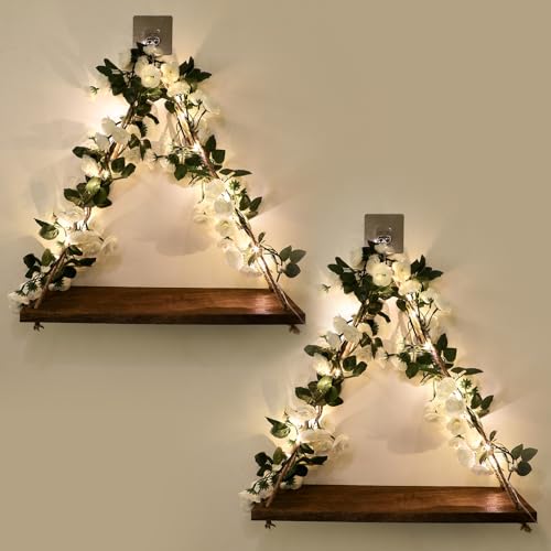Floating Shelves for Wall,Plant Wall Decor,Hanging Shelf,Cottage Core Decor,Room Decor Aesthetic,Boho Room,Adhesive Shelves,Floating Shelves for No Drilling,Two-Piece Set(White Flower)