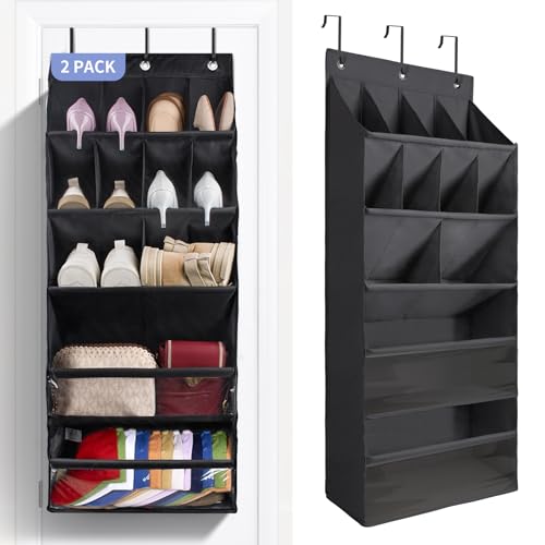 FENTEC 2 Pack Over the Door Shoe Organizer, Hanging Shoe Organizers with Large Pockets Shoe Holder Hanging Shoe Rack for Closet Shoe Organizer for Wall, Over Door Organizer with 30 Pockets, Black