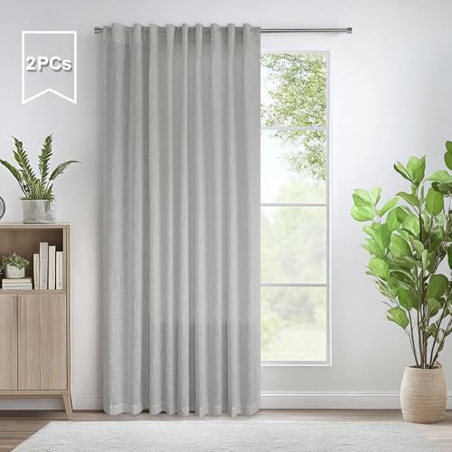 Grey Farmhouse Curtains 60 Inch Wide for Living Room Extra Large Light Gray Linen Drapes Semi Sheer Room Divider Curtain for Patio Sliding Glass Door 2 Panel Back Tab Pocket Width 60x96 Long 5x8 FT