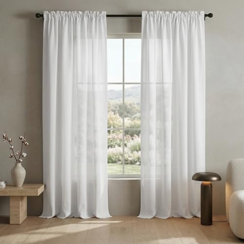 Mrs.Naturall White Curtains 60 Inch Wide for Living Room 2 Panels Set Rod Pocket Extra Large Drapes Semi Sheer Linen Room Dividing Curtain for Patio Sliding Glass Door Family Room Apartment 60x96 Long