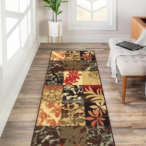 Custom Size Brown Floral Boxes Rubber Backed Non-Slip Hallway Stair Runner Rug Carpet 22 inch Wide Choose Your Length 22in X 50ft