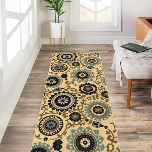 Custom Size Beige Floral Medallion Rubber Backed Non-Slip Hallway Stair Runner Rug Carpet 22 inch Wide Choose Your Length 22in X 50ft