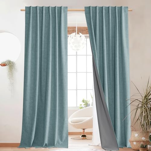 NICETOWN Full Blackout Skylark Blue Linen Curtains 102" Length with Thermal Insulated Liners for Living Room, Farmhouse Style Keep Cool & Warm Large Window Drapes for Hall (2 Panels, 52" Wide)