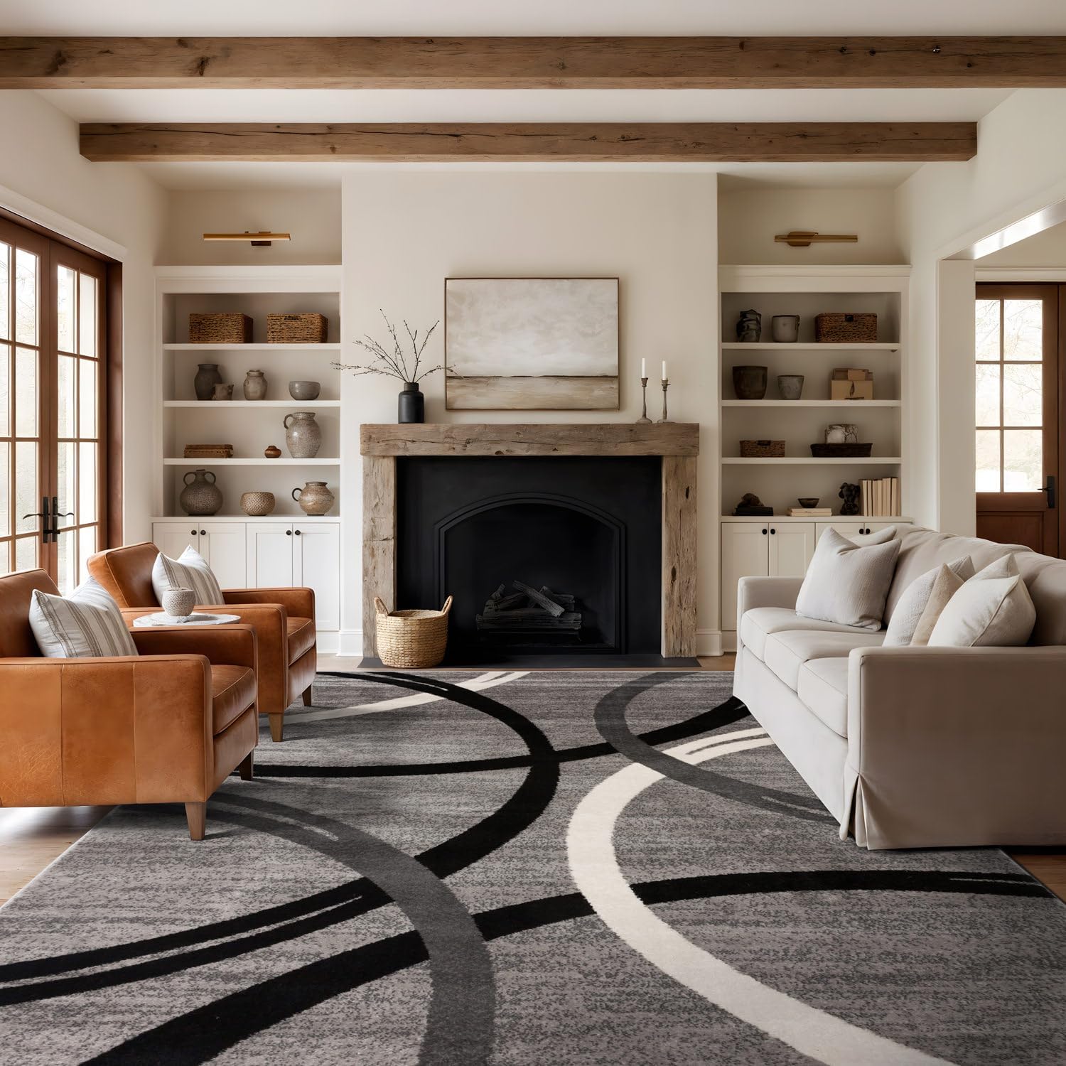 Rugshop Wavy Circles Design Area Rug, Fade-Resistant Carpet for Living Room, Dining Room, or Office,Grand Room,Open Spaces Gray, 8'8" x 12'