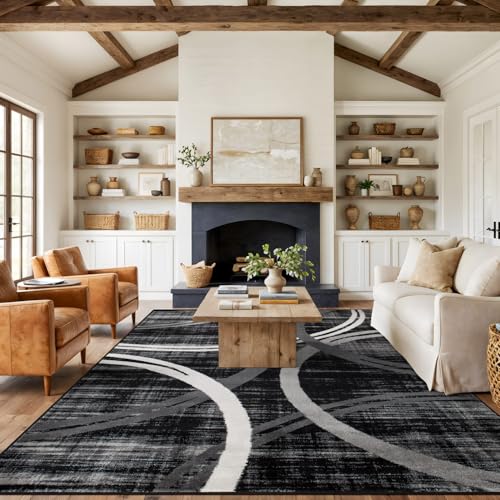 Rugshop Modern Wavy Circles Design Area Rug, Non-Shedding Carpet for Living Room, Large Bedroom, or Dining Room,Grand Room,Open Spaces Black, 8'8" x 12'
