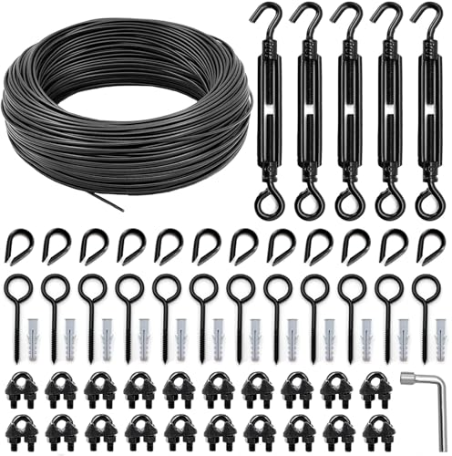 String Light Hanging Kit, Full Black Globe String Lights Suspension Kit w/ 164FT PVC Coated Steel Cable & Enough Accessories, Guide Wire for Outdoor String Lights, Patio Lights, Camping Light