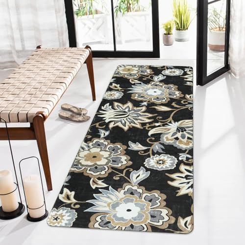 Lahome Floral 2x5 Washable Rug Runner - Black Entryway Runner Rug Non-Slip Ultra-Thin Stain Resistant Kitchen Rug Runner, Paisley Print Accent Carpet Runners for Hallway Bedroom Laundry Living Room