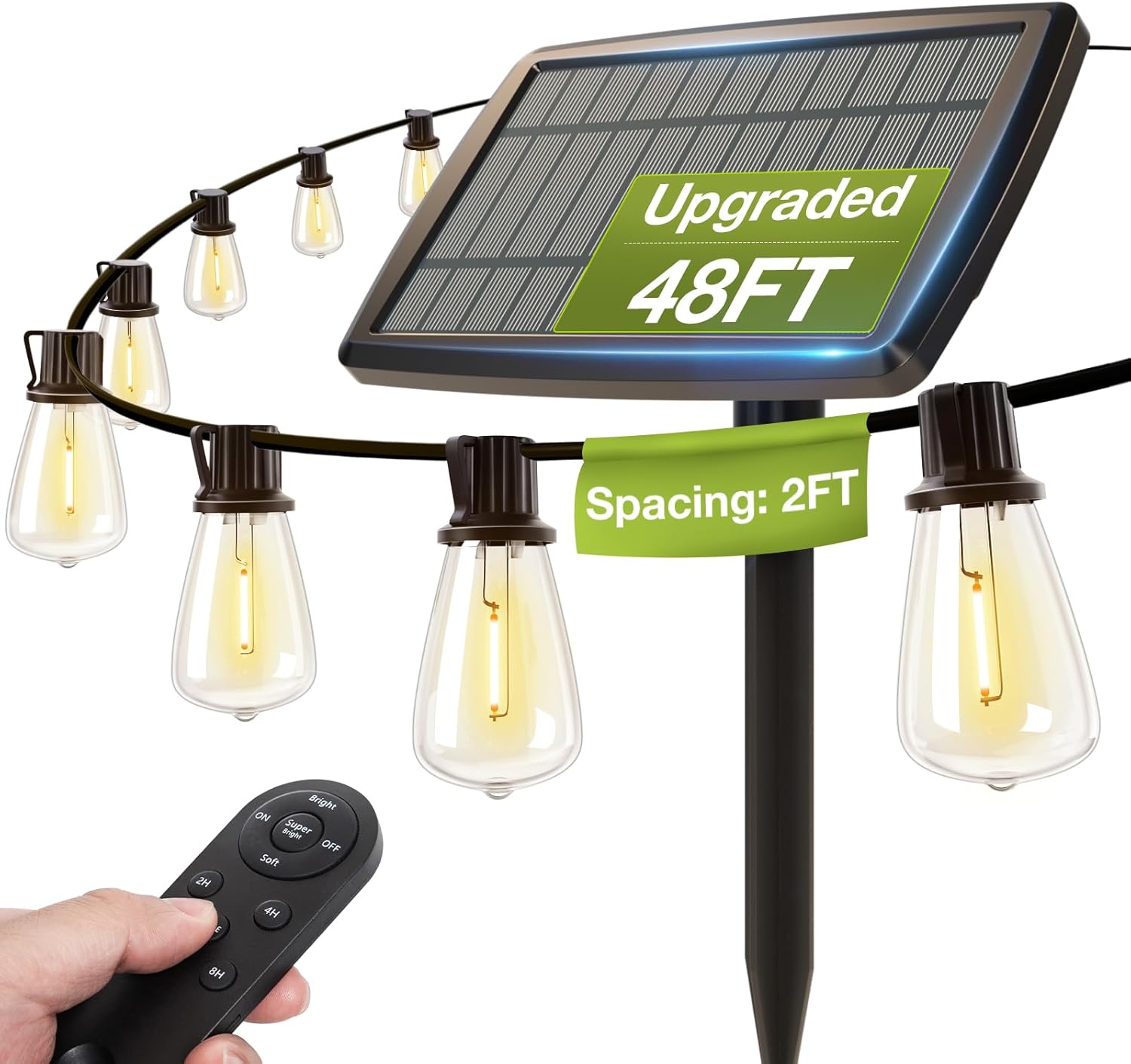 addlon 54(48+6) FT Solar String Lights Waterproof, Patio Lights Solar Powered with Remote& USB Port 24+2 LED Shatterproof Bulbs Outdoor Lights