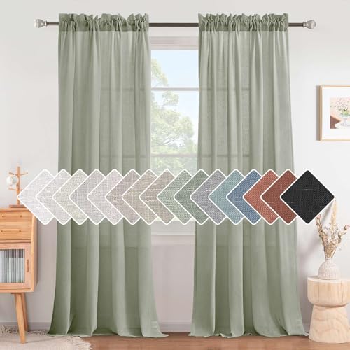 H.VERSAILTEX Linen Curtains Elegant Natural Linen Semi Sheer Curtains Energy Light Filtering Rod Pocket Window Treatments Panels for Living Room (Set of 2, Sea Grass, 52 inch W X 108 inch L)