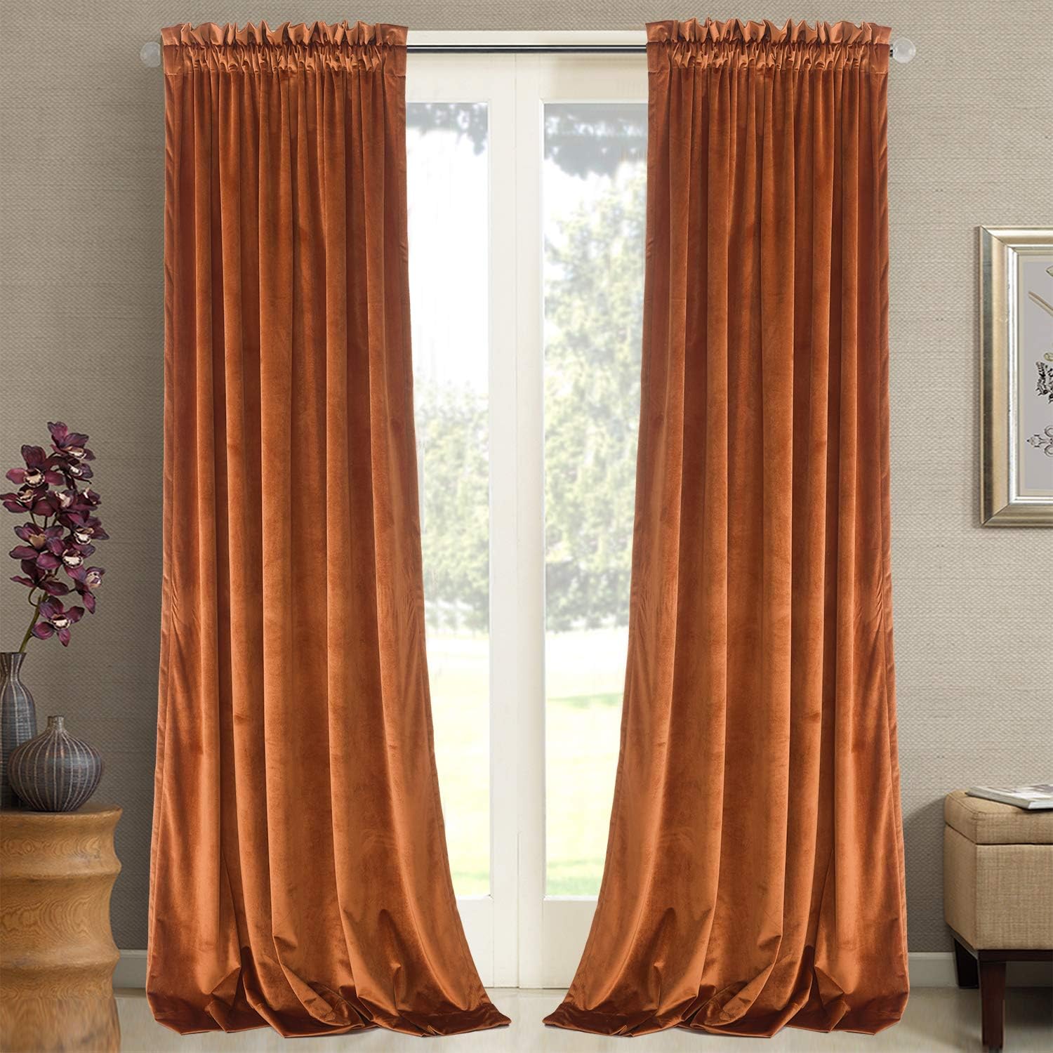 Roslynwood Orange Velvet Curtains Blackout
