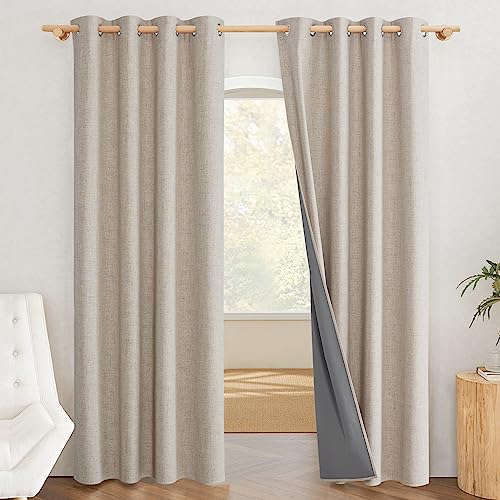 NICETOWN Farmhouse Style 100% Blackout Oatmeal Linen Curtains 90 inches Length, 2 Panels, 52" W, Room Cooling Window Draperies with Thermal Insulated Liners for Dining Room