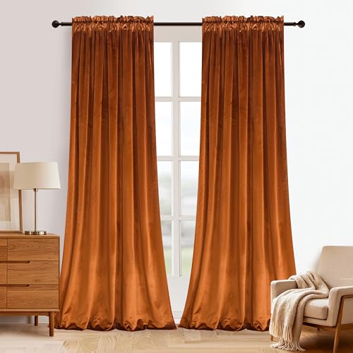 Roslynwood Orange Curtains Velvet - 120 inches Extra Long Living Room Thermal Insulated Blackout Door Drapes for Dining Room/Theatre/Office, W52 x L120, 2 Panels