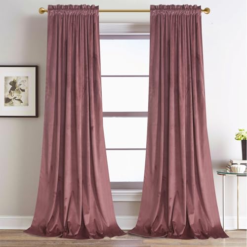 Roslynwood Dusty Rose Velvet Curtains 90 inches, Sound Reducing Heavy Duty Solid Rod Pocket Room Darkening Drapes for Girl's Room/Nursery/Dorm,W52 x L90, 2 Panels