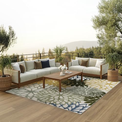 Nourison Aloha Indoor/Outdoor Green Multicolor 9' x 12' Area Rug, Easy-Cleaning, Non Shedding, Bed Room, Living Room, Dining Room, Backyard, Patio, Deck (9x12)