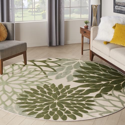 Nourison Home Aloha Indoor/Outdoor Ivory Green 7'10" x Round Area Rug, Easy-Cleaning, Non Shedding