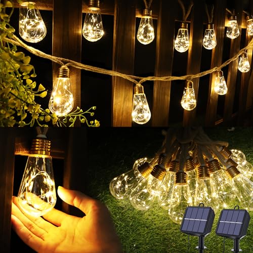 Solar Outdoor String Lights, 2 Pack 20Ft Vintage Rope Hemp Solar Patio Lights, Waterproof Warm White Solar Powered String Lights With 8 Modes 16 Shatterproof Bulbs for Fence Stairs Balcony Cafe Bistro