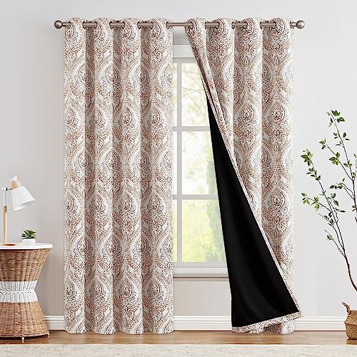 jinchan Blackout Curtains 90 Inch Length Brown Damask Medallion Window Curtains for Bedroom Grommet Thermal Insulated Drapes for Living Room Vintage Luxury Window Treatments Set 2 Panels