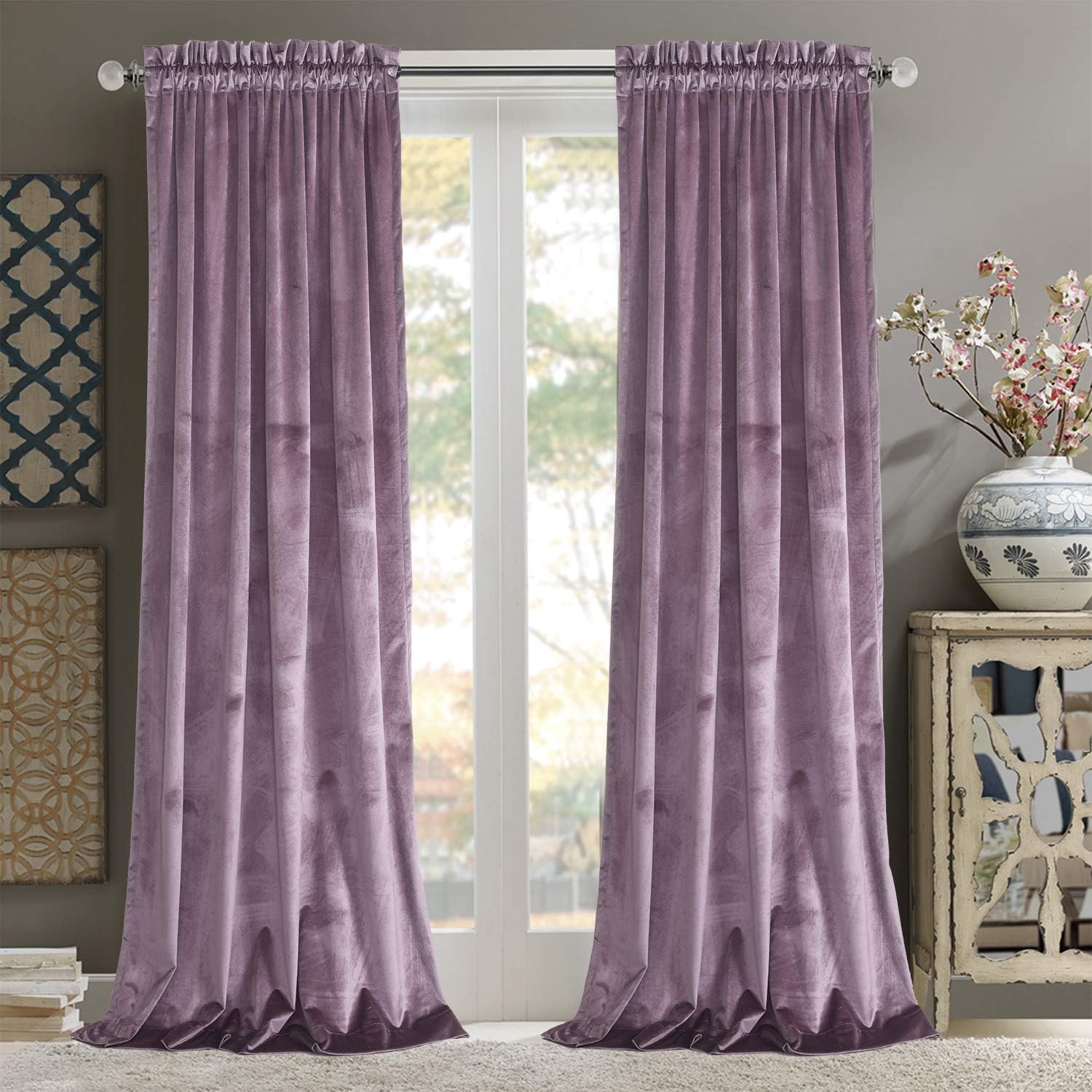 Roslynwood Elegance Lavender 90 Inch Long Velvet Curtains Thermal Insulated Block Light Curtains Window Treatments Privacy Home Decorative Drapes W52 x L90, 2 Panels