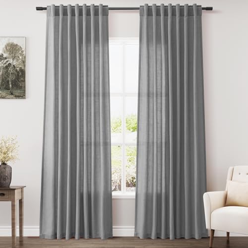 Dark Gery Linen Curtains 84 Inches Long for Bedroom Rod Pocket Back Tab Light Filtering Privacy Semi Sheer Curtain Farmhouse Decor Cotton Textured Drapes for Living Room 2 Panels Set 52x84 Inch