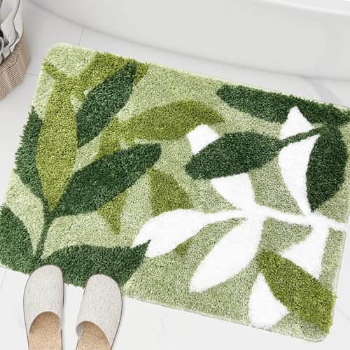 ZebraSmile Sage Bathroom Rugs Green Leaves Microfiber Bath Mat