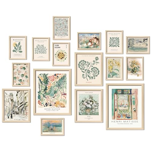 16 PCS Framed Sage Green Wall Art Decor, Matisse Wall Prints for Bedroom, Gallery Wall Frame Set, Abstract Posters for Living Room Aesthetic, Collage Kit Pictures, Boho Dorm Home Decor