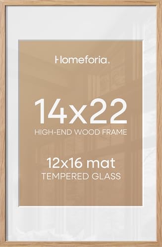 Homeforia 14x22 Picture Frame Wood, High End Natural Oak 14x22 Light Wooden Poster Frame with Mat 12x16, 14 x 22 Frames Matted to 12 x 16 Photo, 22x14 Hanging Frame, Tempered Glass, Wall Kit, Set of 1