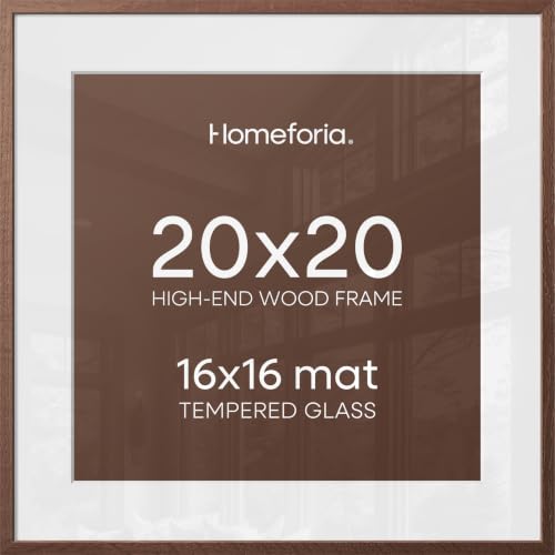 Homeforia 20x20 Brown Picture Frame, High End Dark Oak 20 x 20 Square Wood Frame with Mat 16 x 16 for Photo, 20by20 Wooden Walnut Poster Frame Matted to 16x16 Print, Tempered Glass, Wall Kit, Set of 1