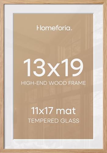 Homeforia 13x19 Picture Frame Wood, High End Natural Oak 13x19 Light Wooden Poster Frame with Mat 11x17, 13 x 19 Frames Matted to 11 x 17 Photo, 19x13 Hanging Frame, Tempered Glass, Wall Kit, Set of 1