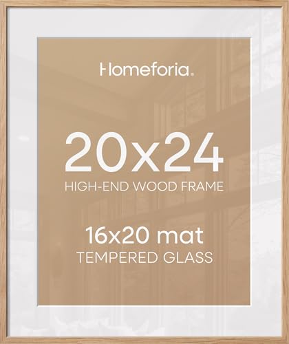 Homeforia 20x24 Picture Frame Wood, High End Natural Oak 20x24 Frame Matted to 16x20 Photo, 20 x 24 Light Wooden Poster Frames with Mat 16 by 20, 24by20 Thin Frames, Tempered Glass, Wall Kit, Set of 1