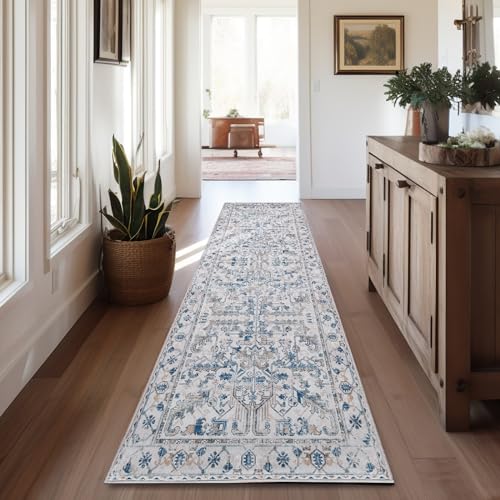 jinchan Lima Runner Rug 2x12 Long Hallway Runner Rug Thin Vintage Washable Kitchen Carpet with Rubber Backing Floral Print Floor Cover Indoor Laundry Room Bedroom Stairway (2x12ft,Blue)