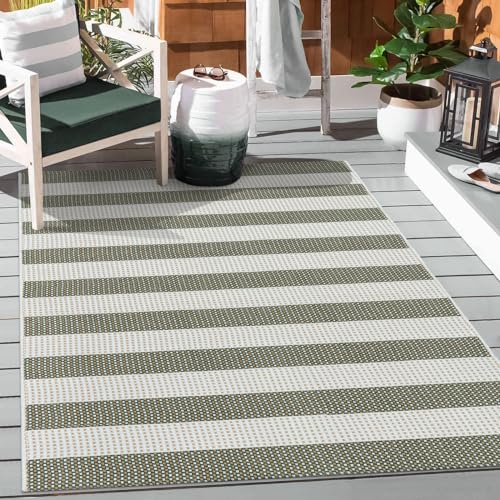 Striped Fall Outdoor Rug 3x5, Boho Washable Front Porch Rug Cotton Hand Woven Outside Door Mats,Foldable Layered Doormat for Farmhouse/Entryway/Home Entrance(Green and White)