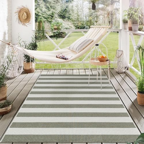 Green & White Striped Rug 4x6