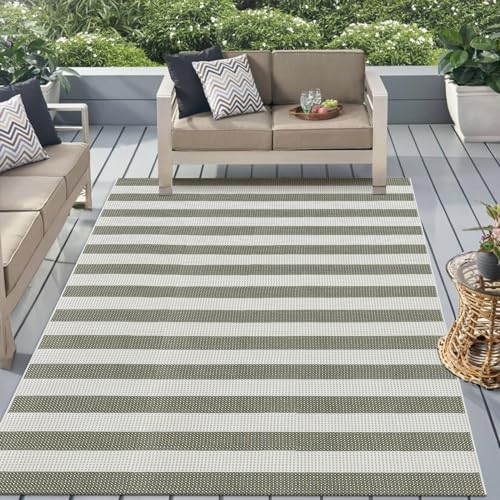 Green and White Striped Fall Outdoor Rug 5x7, Washable Cotton Woven Patio Rug, Reversible Foldable Front Porch Decor Indoor Outdoor Rugs for Farmhouse/Living Room