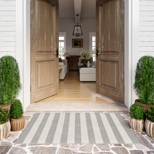 Grey and White Striped Rug-3x5 Fall Front Door Mat Outdoor,Washable Reversible Porch Rug Cotton Hand-Woven Spring Doormat, Foldable Layered Door Mats for Entryway/Farmhouse