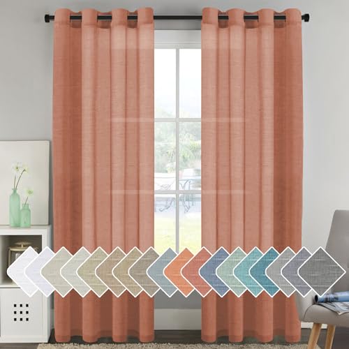 H.VERSAILTEX Linen Curtains Natural Blended Curtain Panels for Living Room/Light Reducing Linen Semi Sheer Curtains 2 Panels Set Nickel Grommet Window Panels (52x96 Inch, Terracotta)