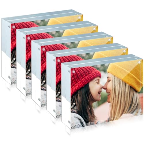 ILYXY 5 Pack Acrylic Frame 5x7, 20% Thicker, 24mm Thick Frameless Clear Picture Frame, Double Sided Magnetic Photo Frame, Free Standing Desktop Display Stand Acrylic Picture Frames