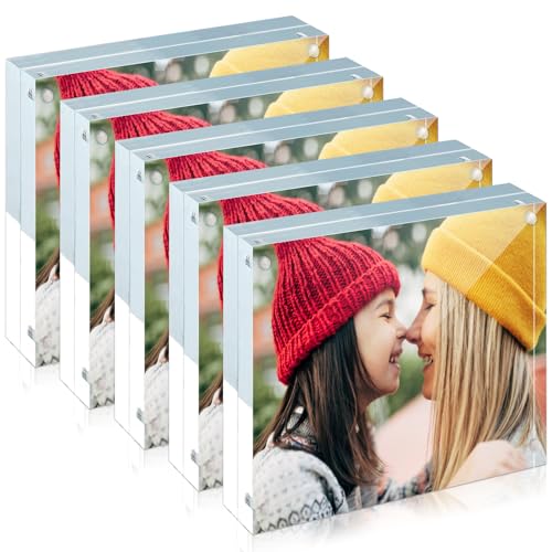 ILYXY 5 Pack Acrylic Frame 5x5, 20% Thicker, 20mm Thick Frameless Clear Picture Frame, Double Sided Magnetic Photo Frame, Free Standing Desktop Display Stand Acrylic Picture Frames
