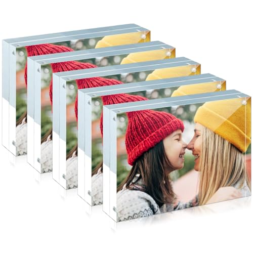 ILYXY Picture Frame, 5 Pack Acrylic 3.5x5 - Magnetic, Double Sided, Free Standing, UV Protection, 20mm Thick Frameless Clear Picture Frames