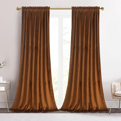 Roslynwood 90-inch Length Brown Velvet Curtains for Bedroom, Rod Pocket Heavy Thick Blackout Window Panels Christmas Holiday Home Decoration for Dining Room, W52 x L90, 2 Panels