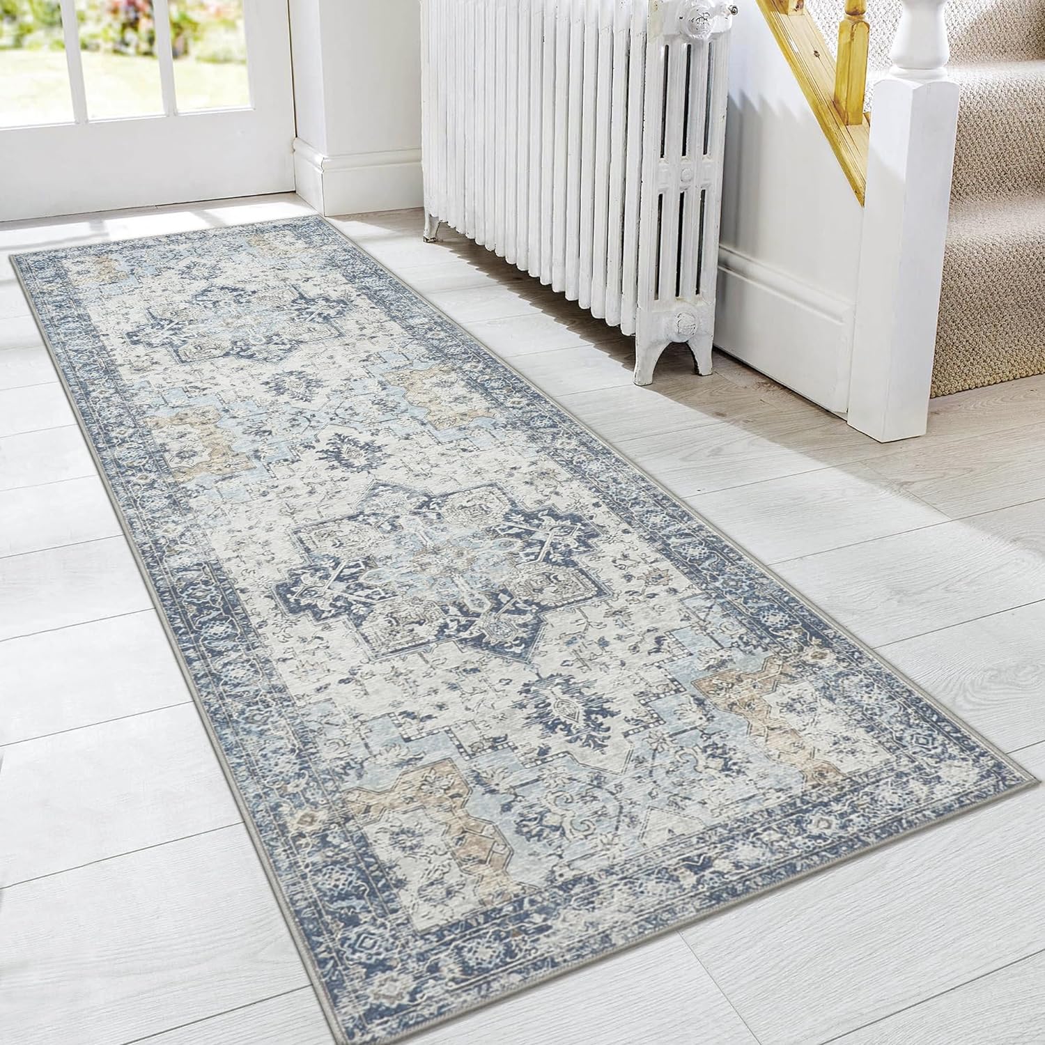 GENIMO Runner Rug 2x10, Machine Washable Vintage Runner Carpet, Non Slip Hallway Rug, Low Pile Lightweight Rugs for Entryway, Hallway, Kitchen and Corridor, Blue