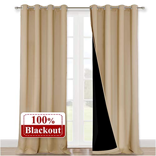 NICETOWN Thermal Insulated 100% Blackout Curtains, Biscotti Beige, 1 Pair, 52 inches x 102 inches, Sound Proof Drapes with Black Backing, Full Light Blocking Panels for Patio Sliding Door