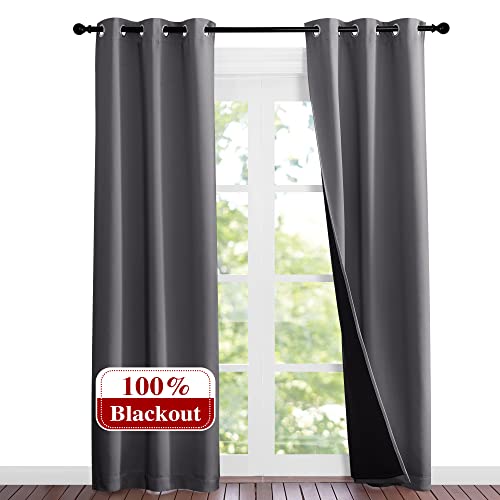 NICETOWN Grey Full Shade Curtain Panels, 37" Wide x 80" Long, Gray, Pair of Thermal Insulated & Energy Efficiency Blackout Curtains for Living Room Windows, Lined Silky Performance Window Dressing
