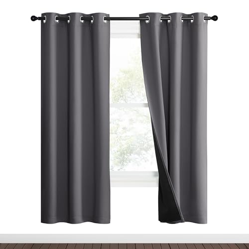 NICETOWN Grey Full Shade Curtain Panels, 37" Wide x 70" Long, Gray, Pair of Thermal Insulated & Energy Efficiency Blackout Curtains for Living Room Windows, Lined Silky Performance Window Dressing