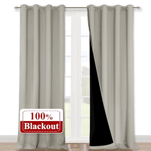 NICETOWN Natural 100% Blackout Curtains for Windows, Pack of 2, 52 inches W x 120 inches L, Super Heavy-Duty Black Lined Total Darkness Drapes for Bedroom, Privacy Assured Window Treatment for Patio